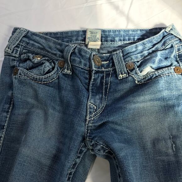 True Religion VTG Joey Big T twisted flare denim jeans womens 28 white stitching - Picture 12 of 14